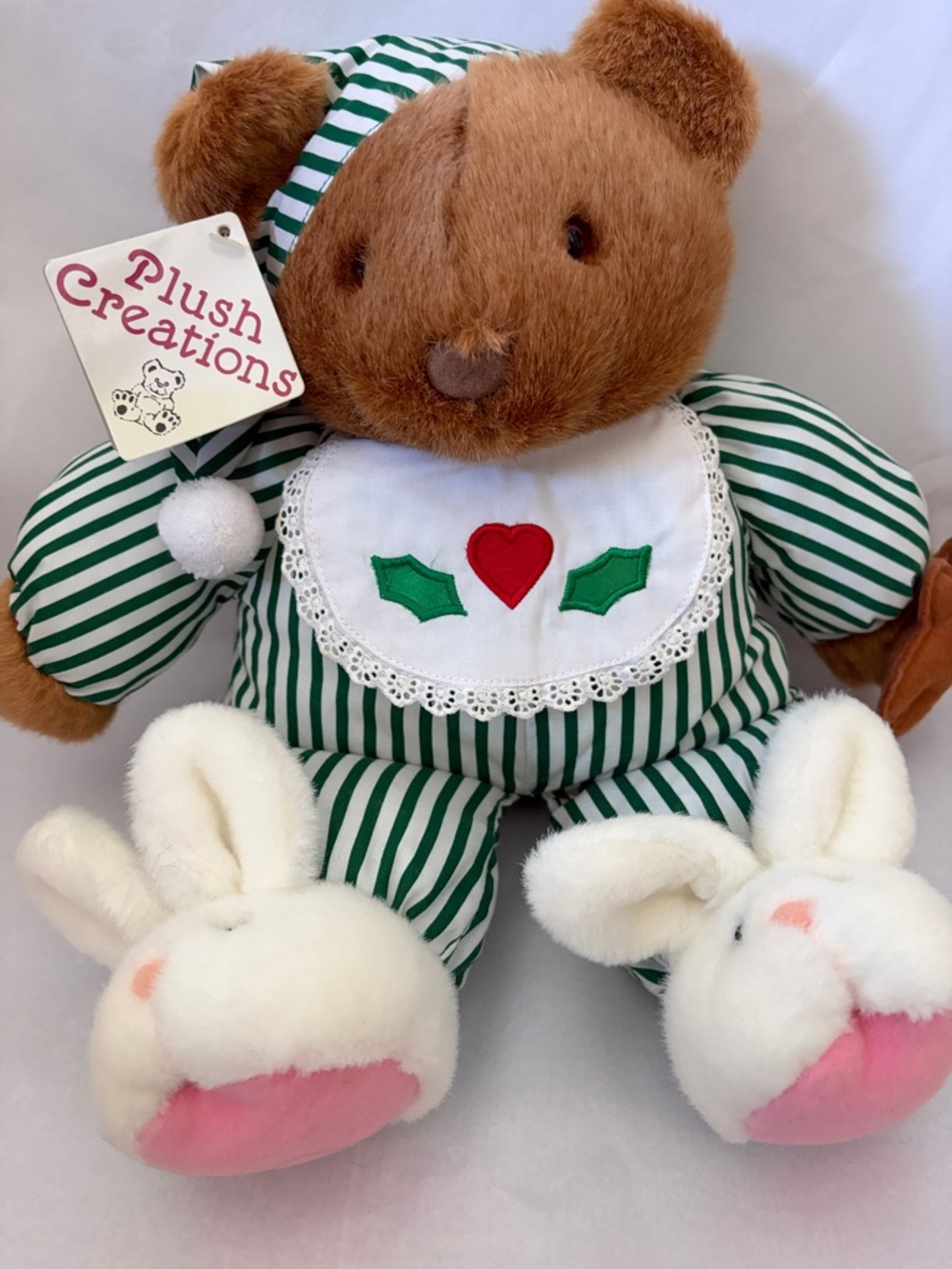 Plush Creations Brown Bear in Green Stripe Pajamas with Bunny Slippers Vintage